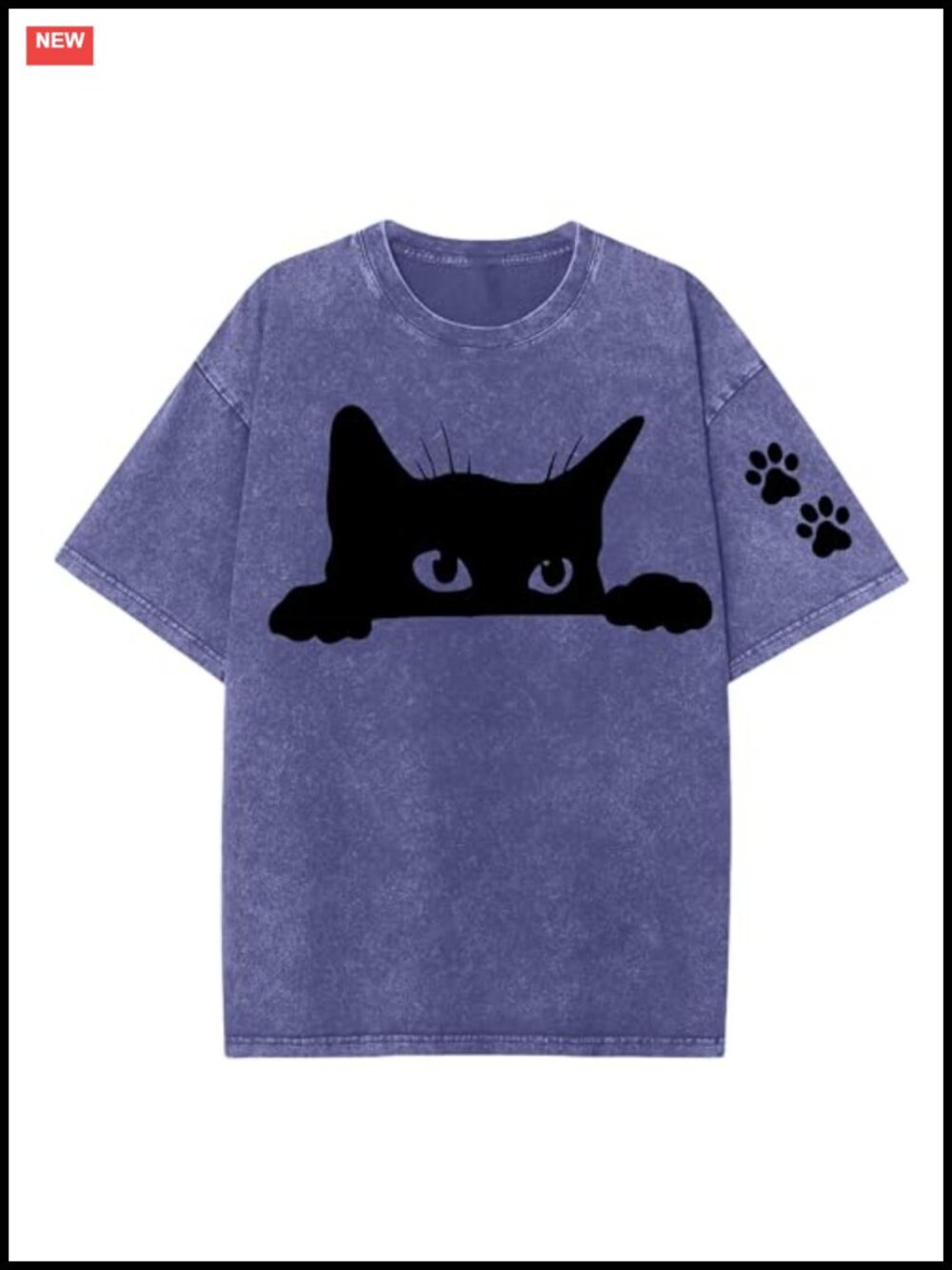 Oversized Cat Graphic Crewneck Tee Women Soft Washed Cotton Loose Fit Casual Top